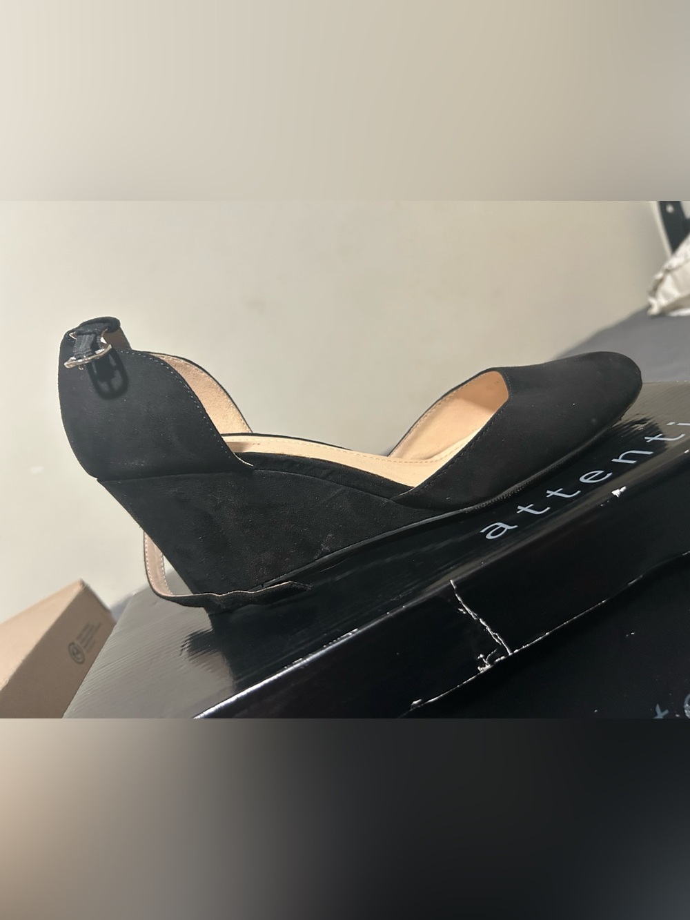 attention Black Suede D'Orsay Wedge Pumps